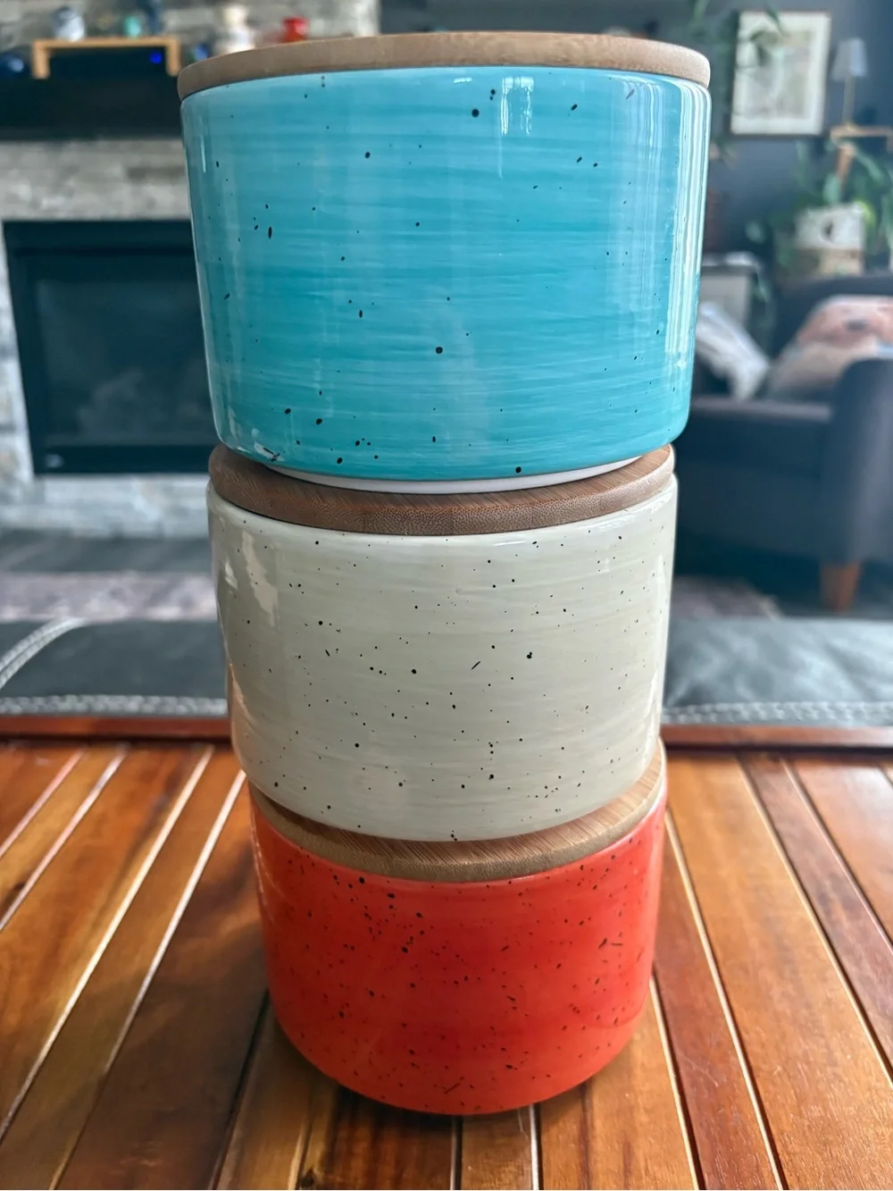 Uno Casa Stackable Ceramic Coffee Sugar Tea Canister Set Turquoise Cream Salmon